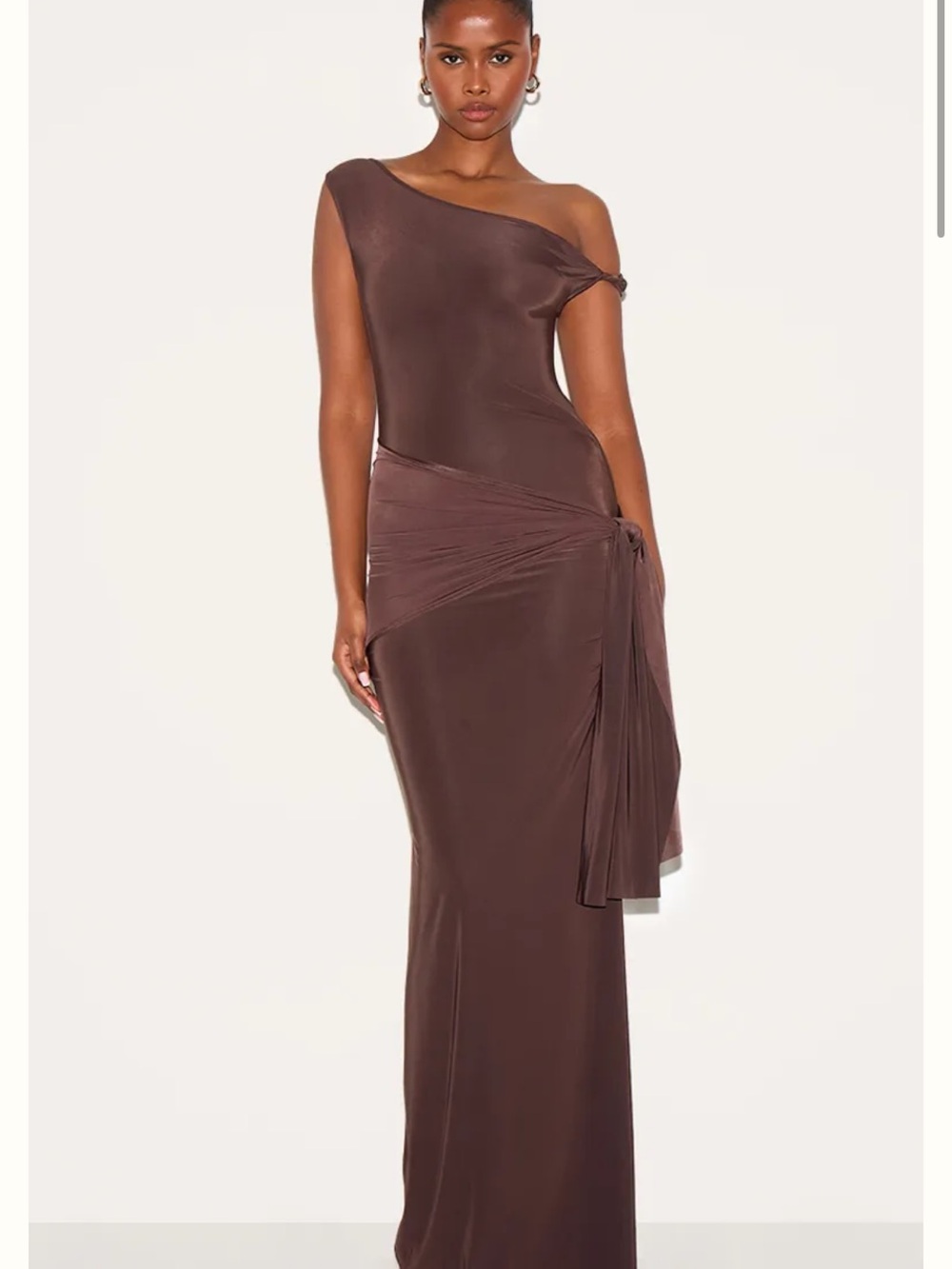 PrettyLittleThing One-Shoulder Brown Maxi Dress